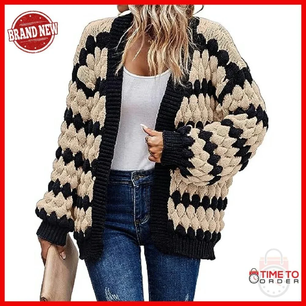 Chunky Knit Cardigan Open Front Lantern Sleeve Winter Sweater Cozy